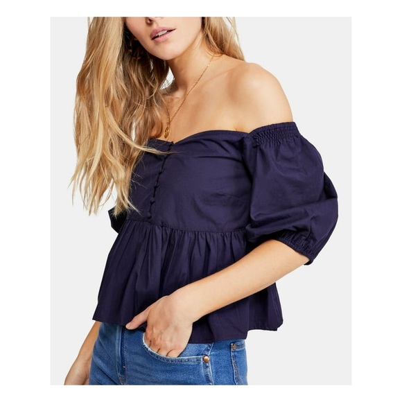Free People navy blue puffy sleeve peasant blouse sz L - Picture 1 of 10